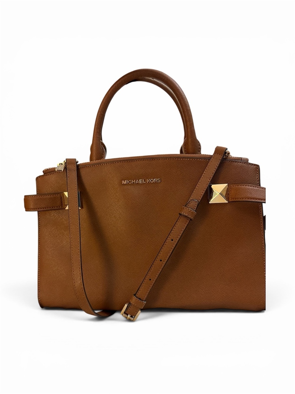 Michael Kors Karla East West Saffiano Leather Satchel Crossbody Luggage Brown